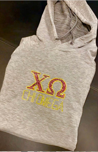Chi Omega Hoodie Bedazzled in yellow and red crystals